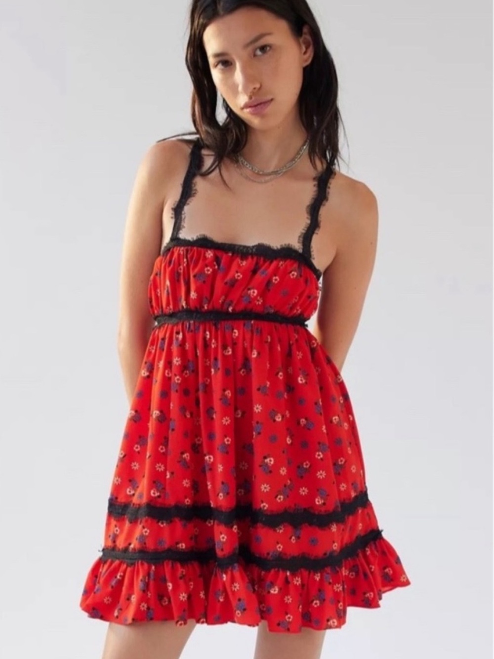 Urban Outfitters Eliana Red Floral Lace-Trim Strappy Back Floral Mini Dress XS